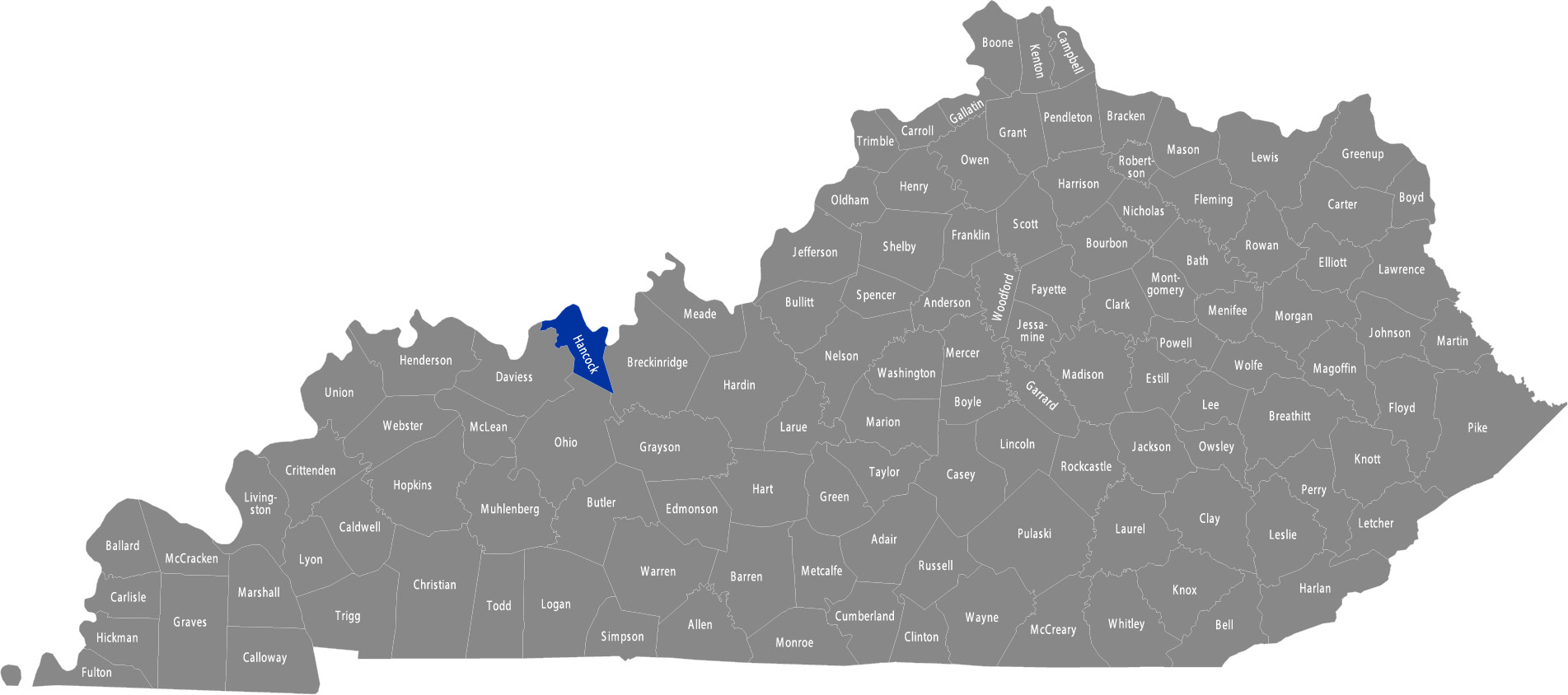 State of Kentucky map with Hancock County highlighted
